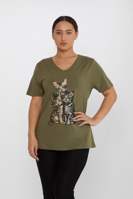 Women's Blouse V-Neck Cat Pattern Stone Khaki - 80103 | KAZEE - Thumbnail