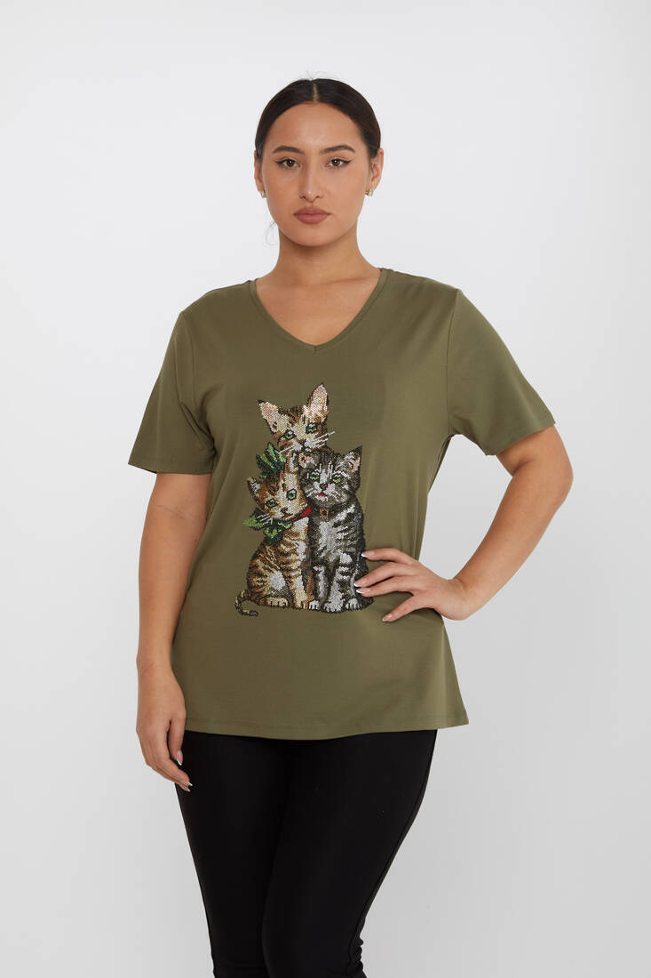 Women's Blouse V-Neck Cat Pattern Stone Khaki - 80103 | KAZEE