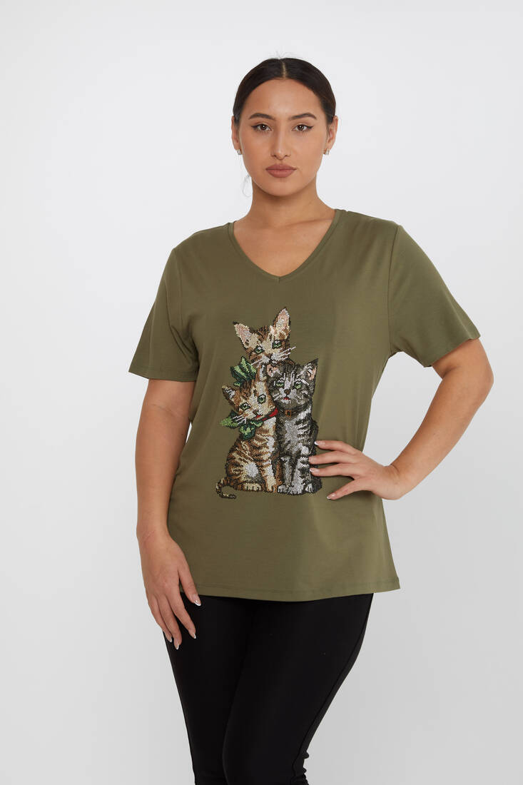 Women's Blouse V-Neck Cat Pattern Stone Khaki - 80103 | KAZEE