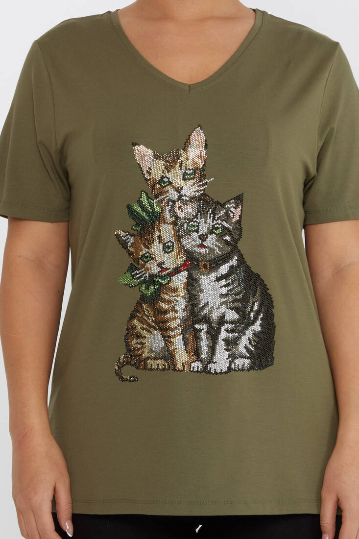 Women's Blouse V-Neck Cat Pattern Stone Khaki - 80103 | KAZEE