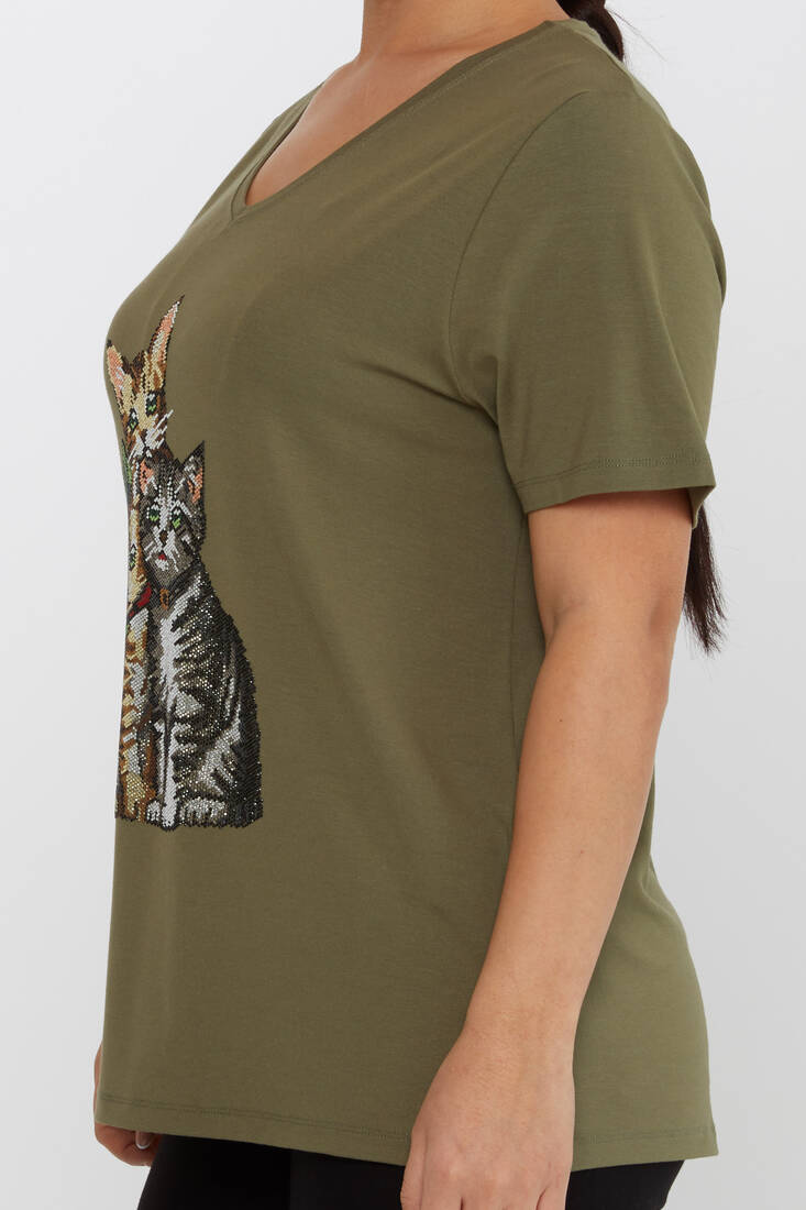 Women's Blouse V-Neck Cat Pattern Stone Khaki - 80103 | KAZEE