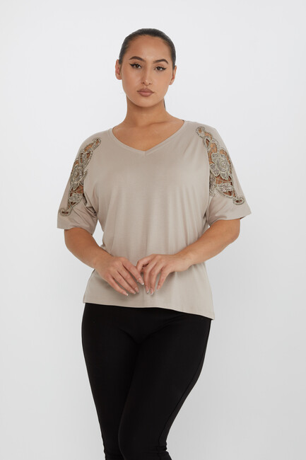 Women's Blouse V-Neck Embroidered Stone Mink - 79092 | KAZEE - Thumbnail