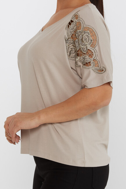 Women's Blouse V-Neck Embroidered Stone Mink - 79092 | KAZEE - Thumbnail