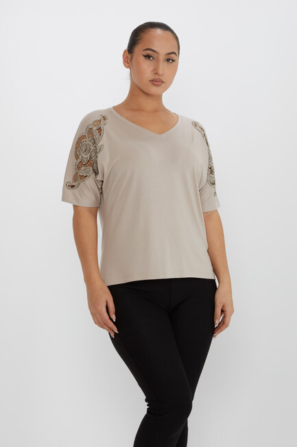 Women's Blouse V-Neck Embroidered Stone Mink - 79092 | KAZEE - Thumbnail