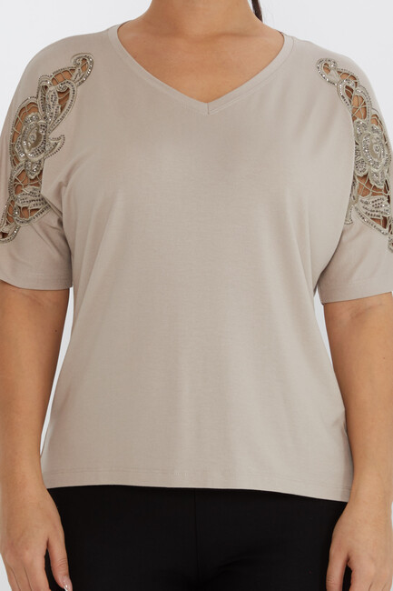 Women's Blouse V-Neck Embroidered Stone Mink - 79092 | KAZEE - Thumbnail