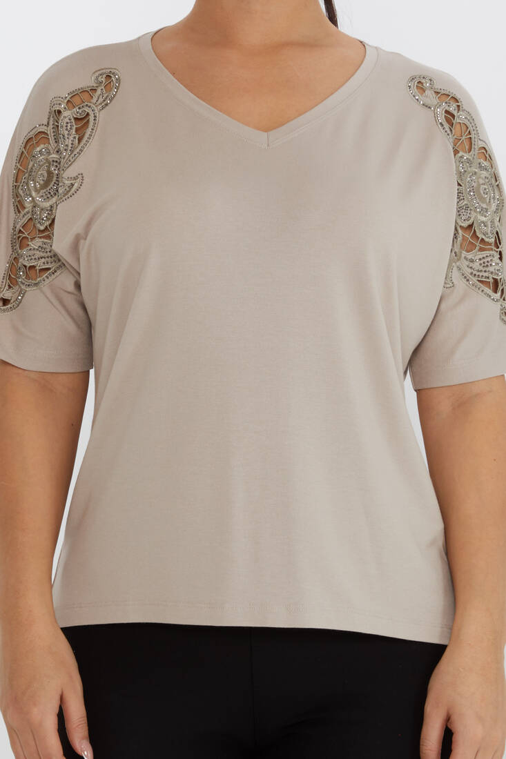 Women's Blouse V-Neck Embroidered Stone Mink - 79092 | KAZEE