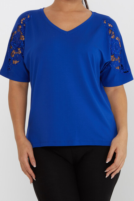 Women's Blouse V Neck Stone Embroidered Saks - 79092 | KAZEE - Thumbnail