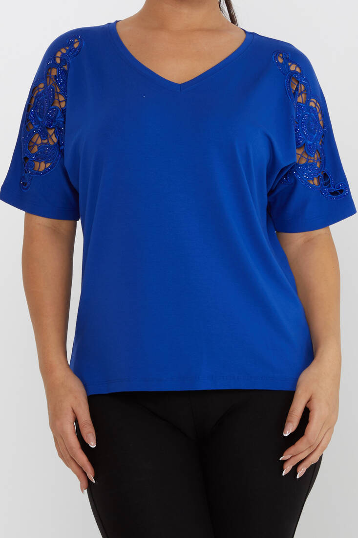 Women's Blouse V Neck Stone Embroidered Saks - 79092 | KAZEE