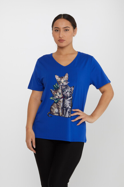 Women's Blouse V-Neck Cat Patterned Stoned Saks - 80103 | KAZEE - Thumbnail