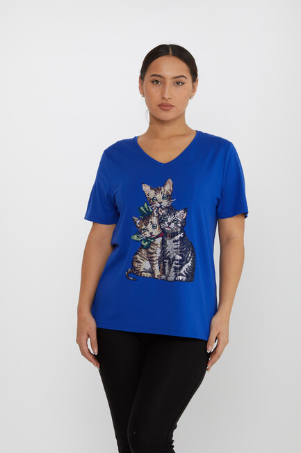 Women's Blouse V-Neck Cat Patterned Stoned Saks - 80103 | KAZEE - Thumbnail