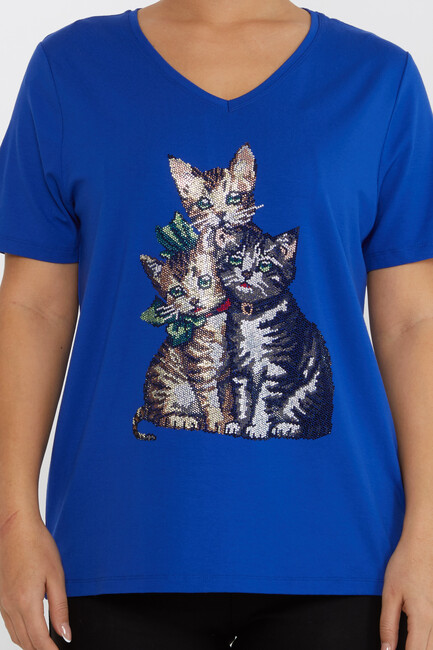 Women's Blouse V-Neck Cat Patterned Stoned Saks - 80103 | KAZEE - Thumbnail