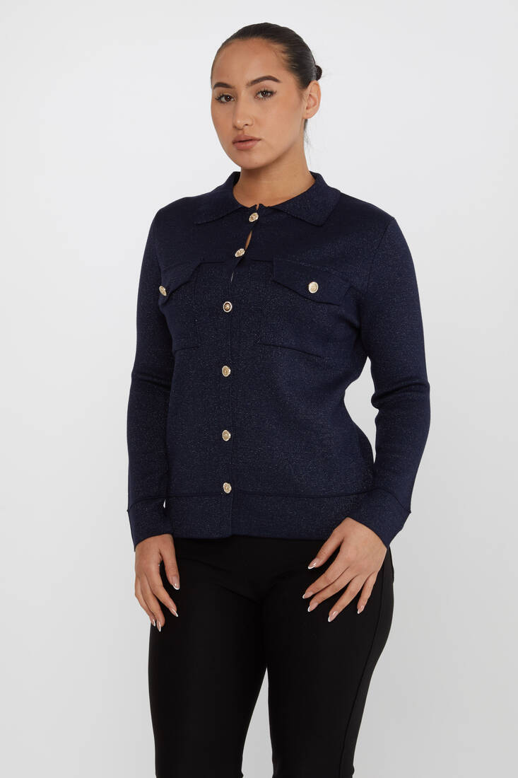 Women's Knitted Cardigan Buttoned Navy Blue - 30693 | KAZEE