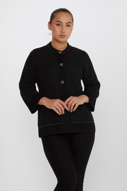 Women's Knitted Cardigan Glitter Detail Black - 30075 | KAZEE - Thumbnail