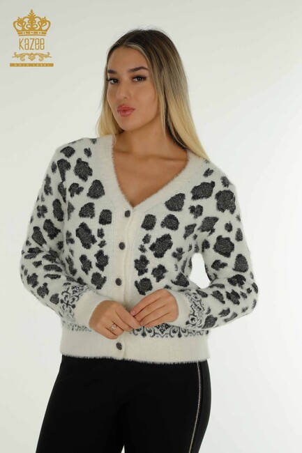 Women's Knitted Cardigan Leopard Patterned Ecru - 30666 | KAZEE - Thumbnail