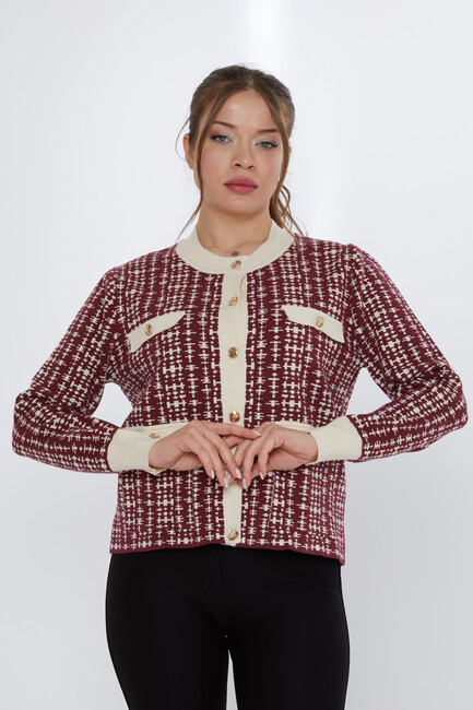 Women's Knitted Cardigan Pocket Detail Claret Red - 31824 | KAZEE - Thumbnail