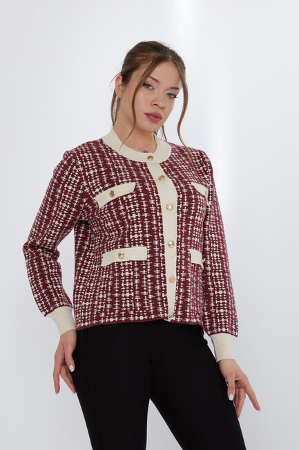 Women's Knitted Cardigan Pocket Detail Claret Red - 31824 | KAZEE - Thumbnail