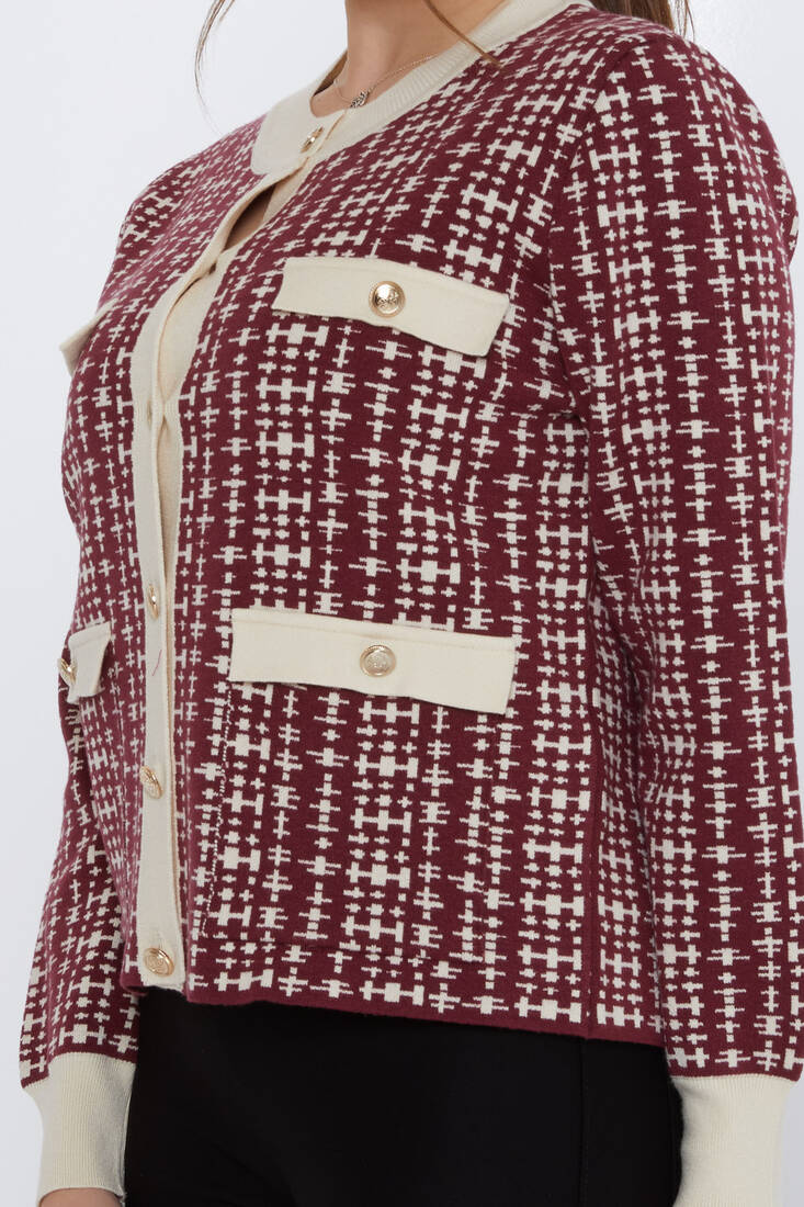 Women's Knitted Cardigan Pocket Detail Claret Red - 31824 | KAZEE