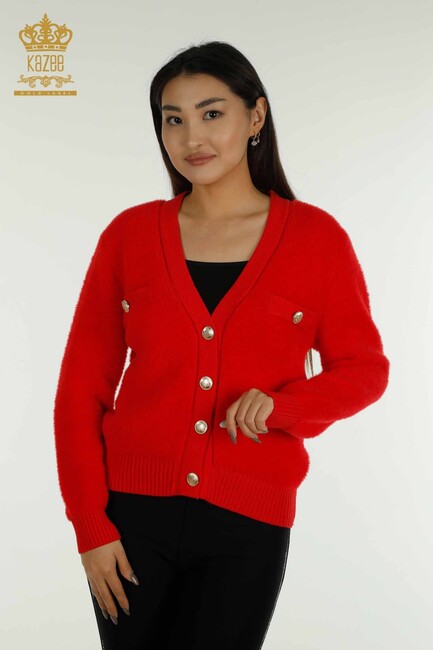 Women's Knitted Cardigan Pocket Detail Red - 30626 | KAZEE - Thumbnail