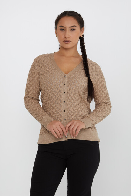 Women's Knitted Cardigan Self-Patterned Glittery Beige - 30036 | KAZEE - Thumbnail