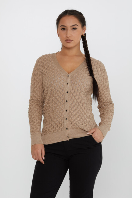 Women's Knitted Cardigan Self-Patterned Glittery Beige - 30036 | KAZEE - Thumbnail