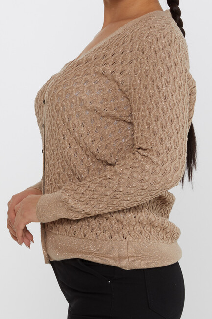 Women's Knitted Cardigan Self-Patterned Glittery Beige - 30036 | KAZEE - Thumbnail