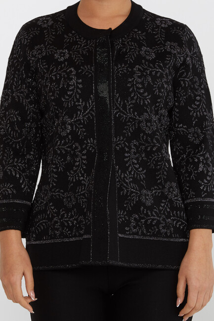 Women's Knitted Cardigan Stone Detailed Black - 31150 | KAZEE - Thumbnail