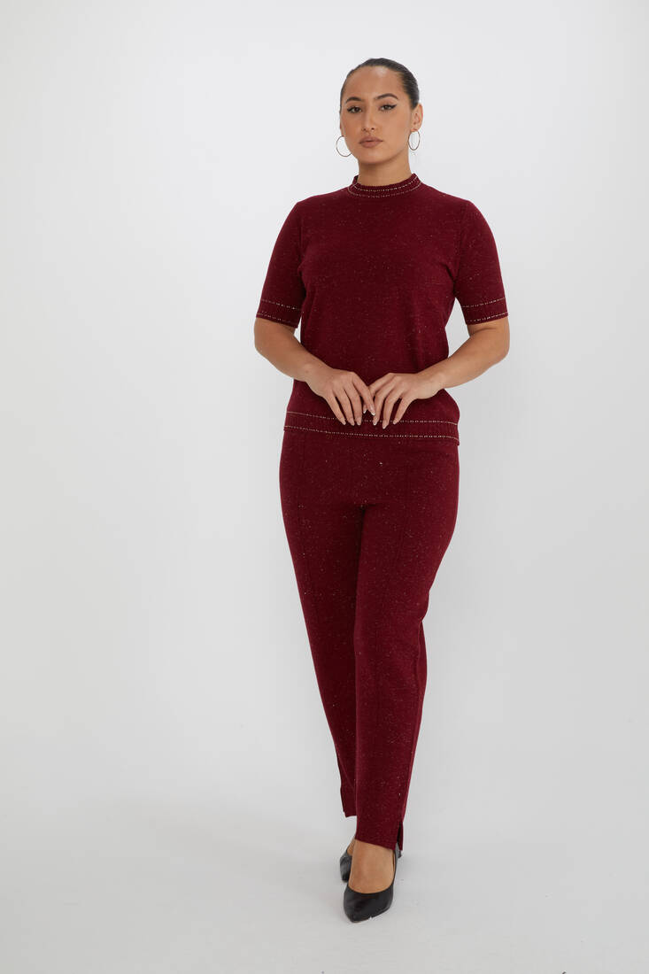 Women's Knitted Trousers Glitter Detailed Claret Red - 31527 | KAZEE