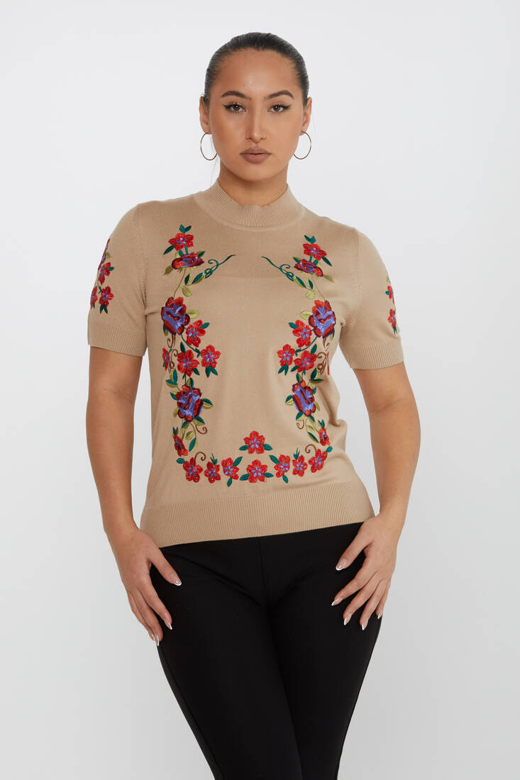 Women's Knitwear American Model Floral Pattern Beige - 15876 | KAZEE