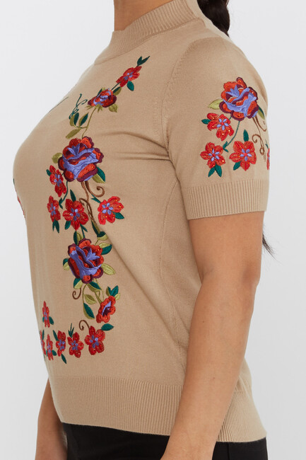 Women's Knitwear American Model Floral Pattern Beige - 15876 | KAZEE - Thumbnail