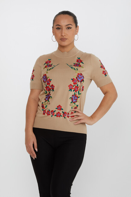 Women's Knitwear American Model Floral Pattern Beige - 15876 | KAZEE - Thumbnail