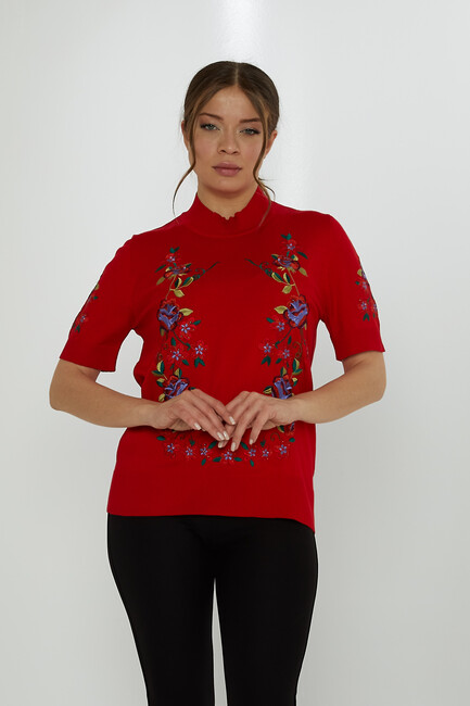 Women's Knitwear American Model Floral Patterned Embroidered Red - 15876 | KAZEE - Thumbnail