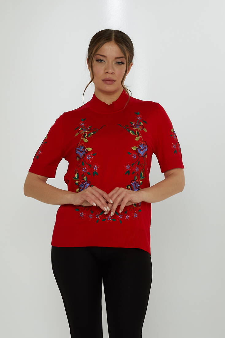 Women's Knitwear American Model Floral Patterned Embroidered Red - 15876 | KAZEE