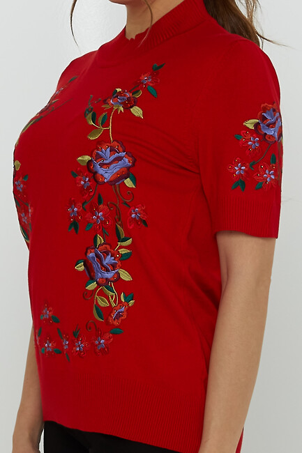 Women's Knitwear American Model Floral Patterned Embroidered Red - 15876 | KAZEE - Thumbnail