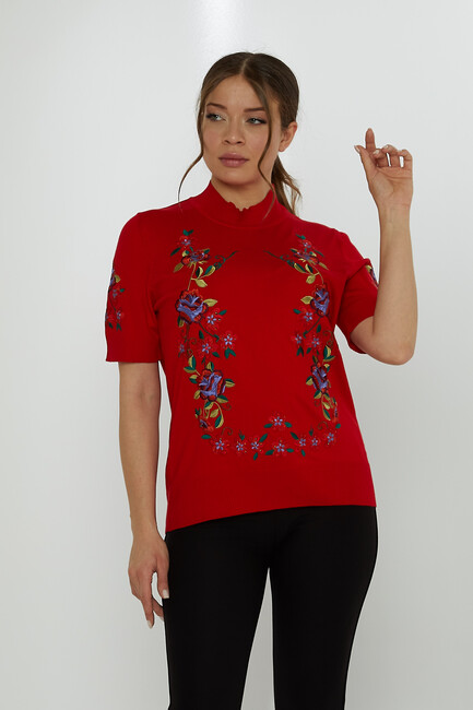 Women's Knitwear American Model Floral Patterned Embroidered Red - 15876 | KAZEE - Thumbnail