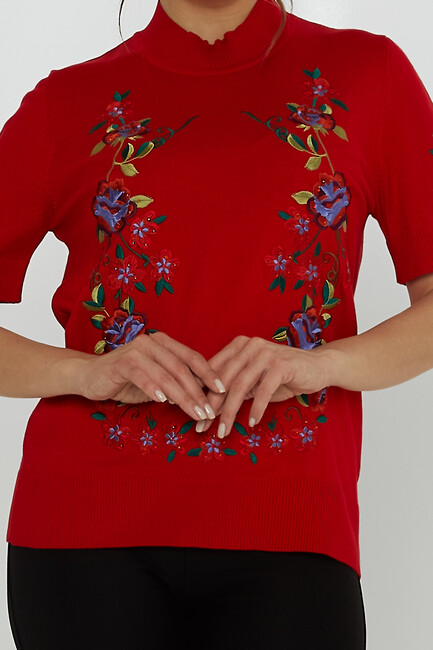 Women's Knitwear American Model Floral Patterned Embroidered Red - 15876 | KAZEE - Thumbnail