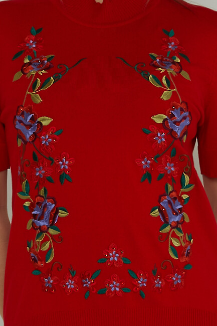 Women's Knitwear American Model Floral Patterned Embroidered Red - 15876 | KAZEE - Thumbnail