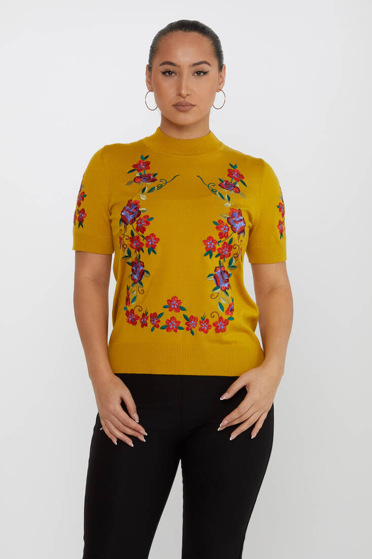 Women's Knitwear American Model Floral Pattern Saffron - 15876 | KAZEE