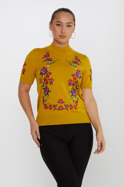 Women's Knitwear American Model Floral Pattern Saffron - 15876 | KAZEE - Thumbnail