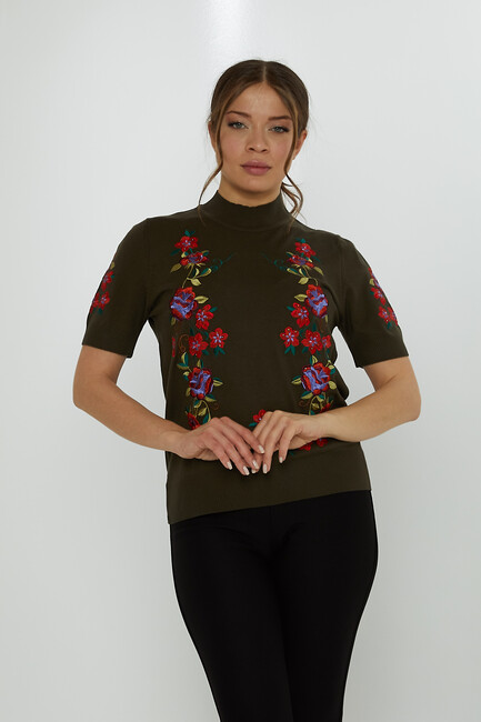 Women's Knitwear American Model Floral Patterned Embroidered Vert - 15876 | KAZEE - Thumbnail