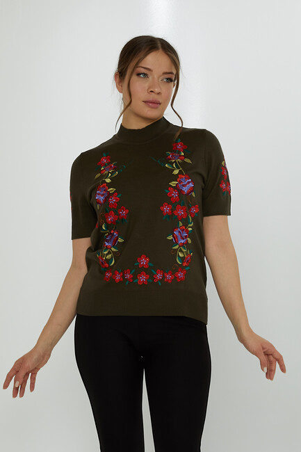 Women's Knitwear American Model Floral Patterned Embroidered Vert - 15876 | KAZEE - Thumbnail