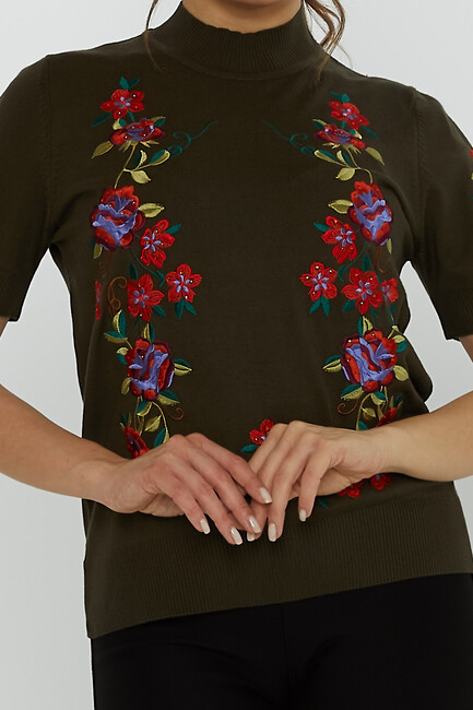 Women's Knitwear American Model Floral Patterned Embroidered Vert - 15876 | KAZEE - Thumbnail