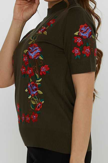 Women's Knitwear American Model Floral Patterned Embroidered Vert - 15876 | KAZEE - Thumbnail