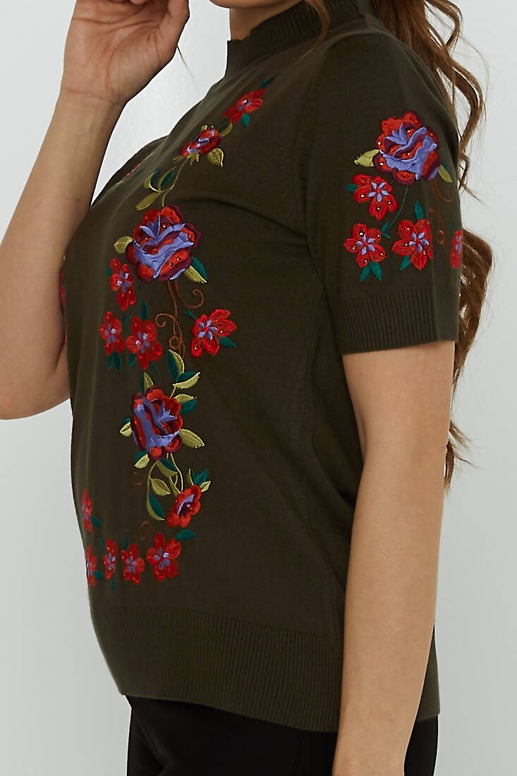 Women's Knitwear American Model Floral Patterned Embroidered Vert - 15876 | KAZEE