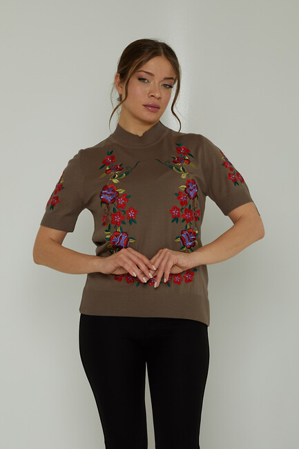 Women's Knitwear American Model Floral Patterned Embroidered Mink - 15876 | KAZEE - Thumbnail