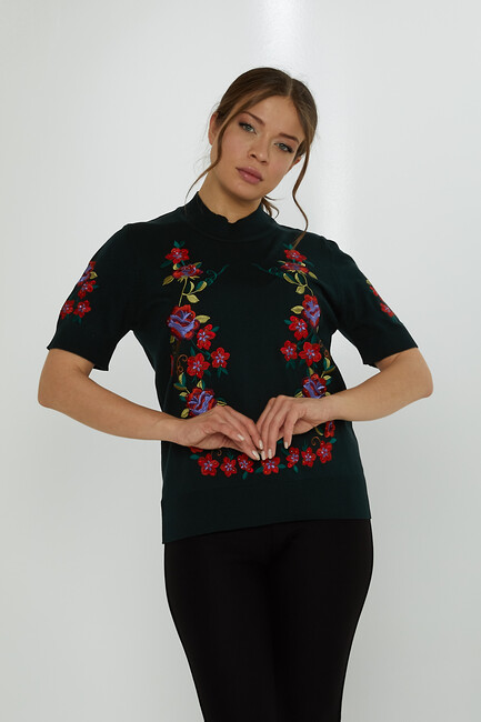 Women's Knitwear American Model Floral Patterned Embroidered Olive - 15876 | KAZEE - Thumbnail