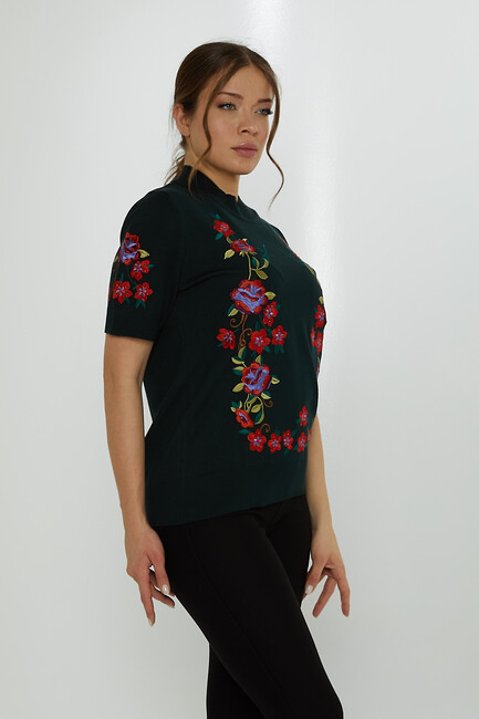 Women's Knitwear American Model Floral Patterned Embroidered Olive - 15876 | KAZEE - Thumbnail