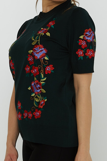 Women's Knitwear American Model Floral Patterned Embroidered Olive - 15876 | KAZEE - Thumbnail