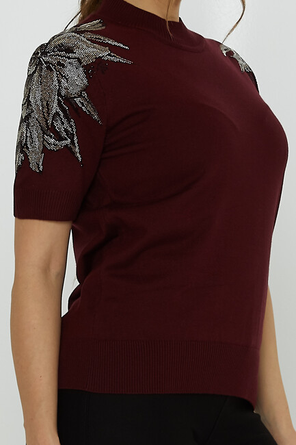 Women's Knitwear American Model Shoulder Stone Detailed Plum - 31679 | KAZEE - Thumbnail