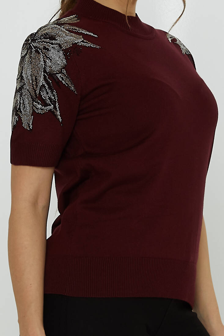 Women's Knitwear American Model Shoulder Stone Detailed Plum - 31679 | KAZEE