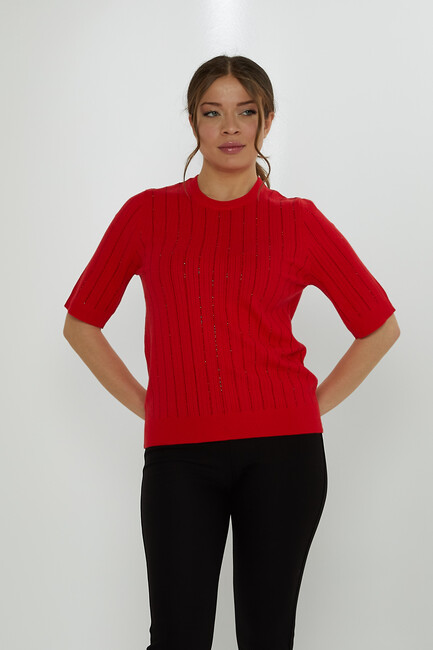 Women's Knitwear American Model Stone Detailed Red - 31094 | KAZEE - Thumbnail